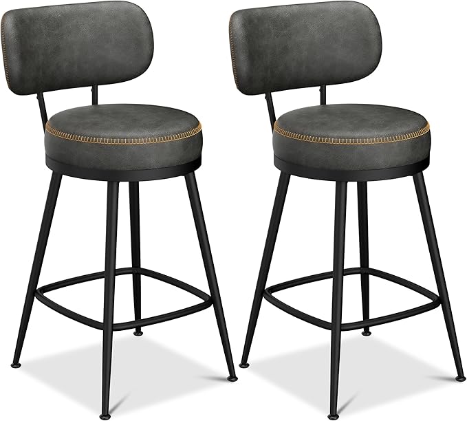 Counter Height Bar Stools, 26" H Swivel Barstools Set of 4, Faux Leather Kitchen Counter Stools with Back and Stylish Stitching, Metal Frame, Pub, Home Bar, Black Grey