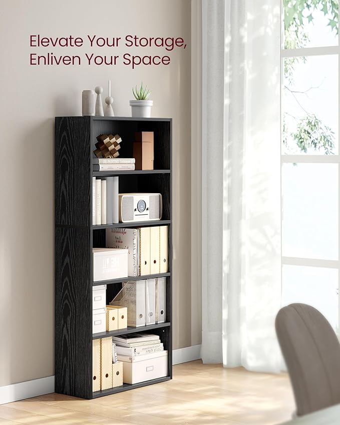 VASAGLE CUSTOS Collection - Bookshelf, 5-Tier Bookcase, Book Shelf, Open Storage Shelf, 9.4 x 23.6 x 52.8 Inches, for Living Room, Home Office, Dinning Room, Ebony Black ULBC165T56