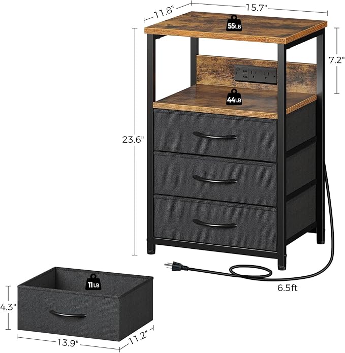 Seventable Nightstand with Charging Station and LED Light, Set of 2 Side Table with 3 Fabric Drawers, Bedside End Table with USB Ports and Outlets, Night Stand for Bedroom, Rustic Brown