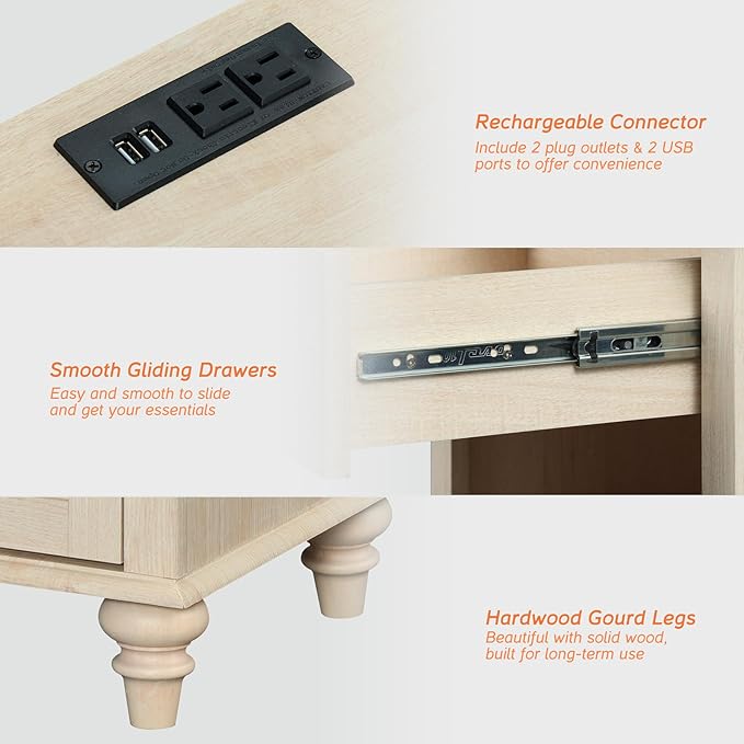 WAMPAT Set of 2 End Tables with Charging Station, 2 Drawer Nightstand for Bedroom with Storage Shelf, 2 Pack Wooden End Tables Bedside Table for Living Room, Beige