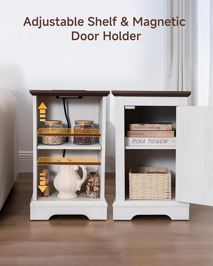 Narrow Side Table with Charging Station,13.8" W End Table with Storage for Sofa Couch or Bed Side with Outlets & USB Ports,Farmhouse Nightstand for Bedroom, Living Room (White & Walnut)