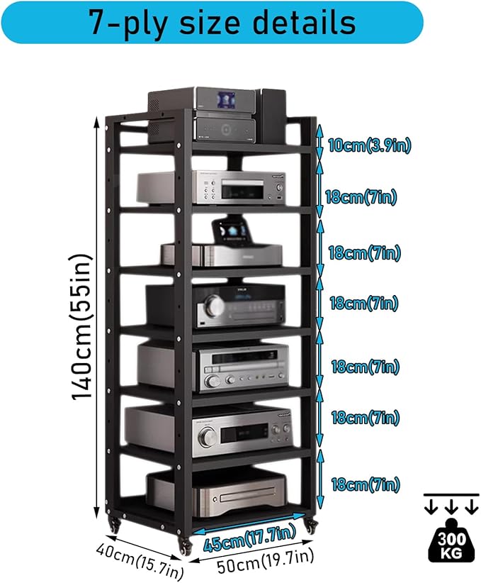 7 Tier Audio Rack Tower, CD Record Player Stereo Receiver AV Equipment Cabinet Display Rack, Weight Capacity 661 lbs, with Adjustable Wooden Shelves for Home (BIACK, 7 Tier 55×19.7×15.7IN)