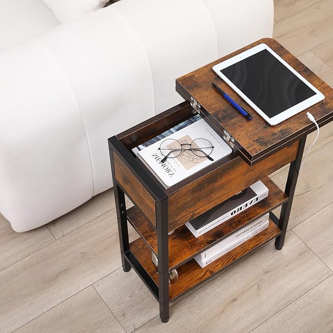 Modern End Table with Charging Station, Narrow Side Table with USB Ports & Outlets, Flip-Top Nightstand with Storage Shelf, Small Bedside Table for Living Room, Bedroom, Small Space,Rustic Brown