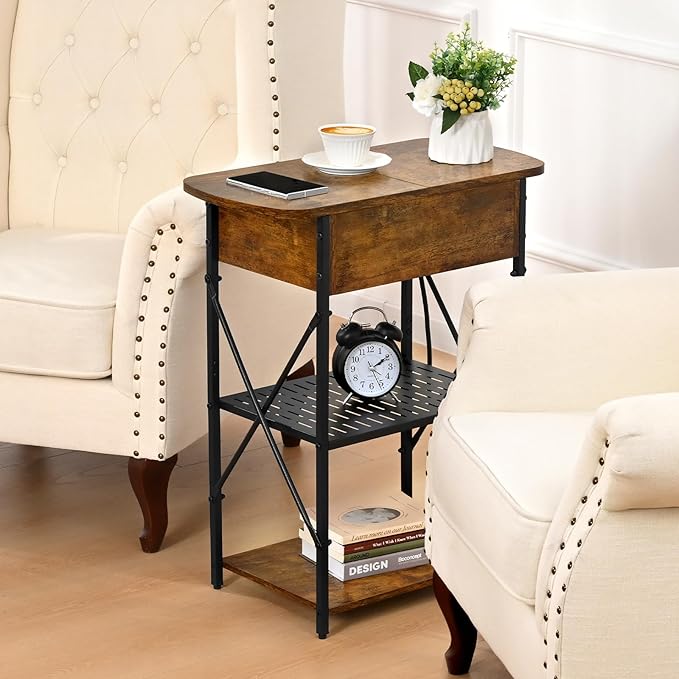 Narrow Side Table with Charging Station, End Tables Set of 2 for Small Spaces, Flip Top End Table with Storage, End Tables Living Room, Nightstand Set 2 with Drawer for Bedroom, Brown