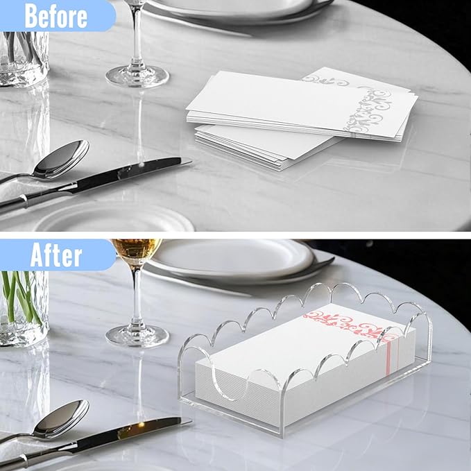 LUGUNU Clear Acrylic Napkin Holder – Scalloped Tray for Bathroom, Kitchen, Dining Room – Stylish Guest Hand Towel & Disposable Paper Holder for Weddings, Hotels, and Home Decor (9x5.1x2.4 inch)