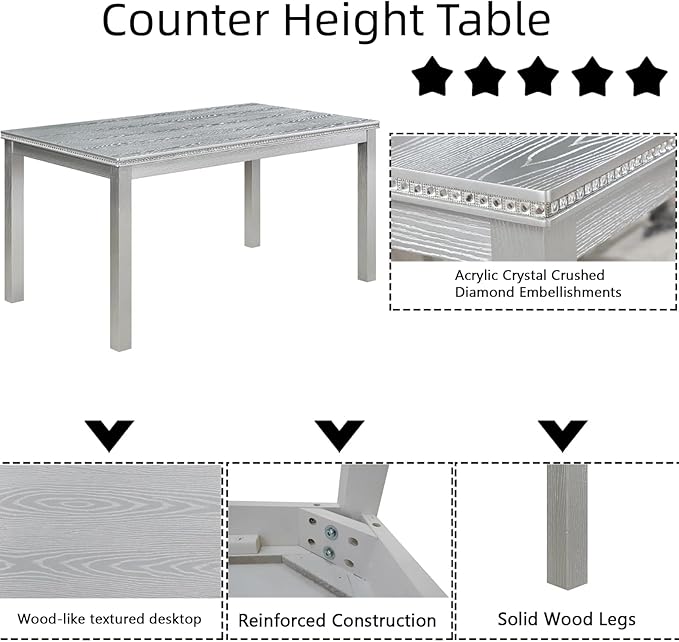 Dining Table Set for 5, 6 Piece Dining Room Table Set with Rectangular Crystal Decoration Table, 4 Upholstered Chairs and Bench, Counter Height Kitchen Sets with MDF Tabletop, Silver Gray