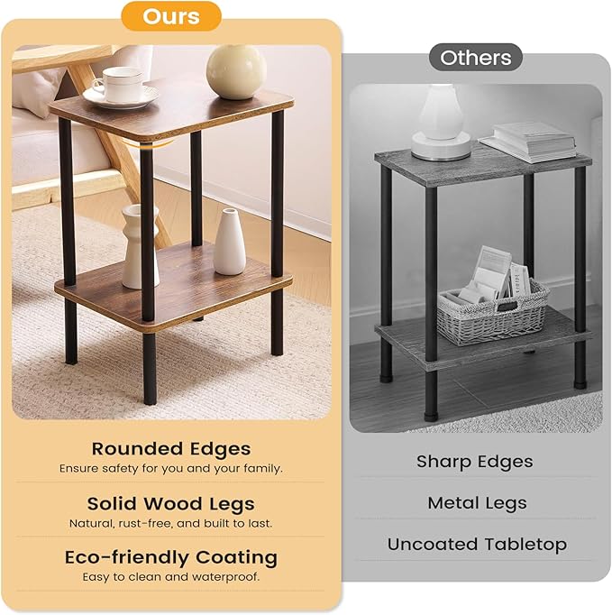 Apicizon 2 Tier End Table, Small Side Table with Solid Wood Legs, Boho Bedside Table with Storage Shelf, Nightstand for Small Spaces, Bedroom, Living Room, Entryway, Farmhouse, Easy Assembly, Brown