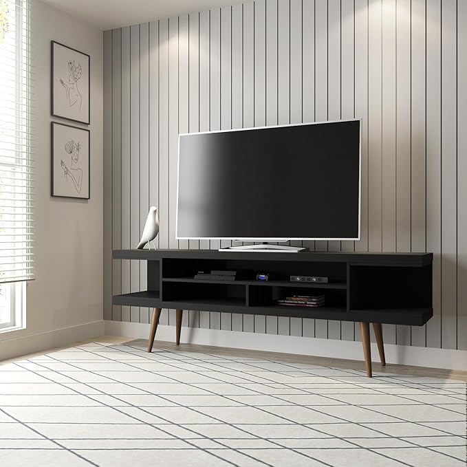 Manhattan Comfort Utopia 70.47" Freestanding Entertainment Center for Living Room, Mid Century Modern TV Stand with Shelves, Storage and Media Holes, Fits 65" Screens, Black