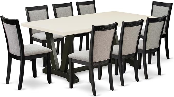 East West Furniture V627MZ606-9 9 Piece Dining Room Table Set Includes a Rectangle Dining Table with V-Legs and 8 Shitake Linen Fabric Upholstered Parson Chairs, 40x72 Inch, Multi-Color