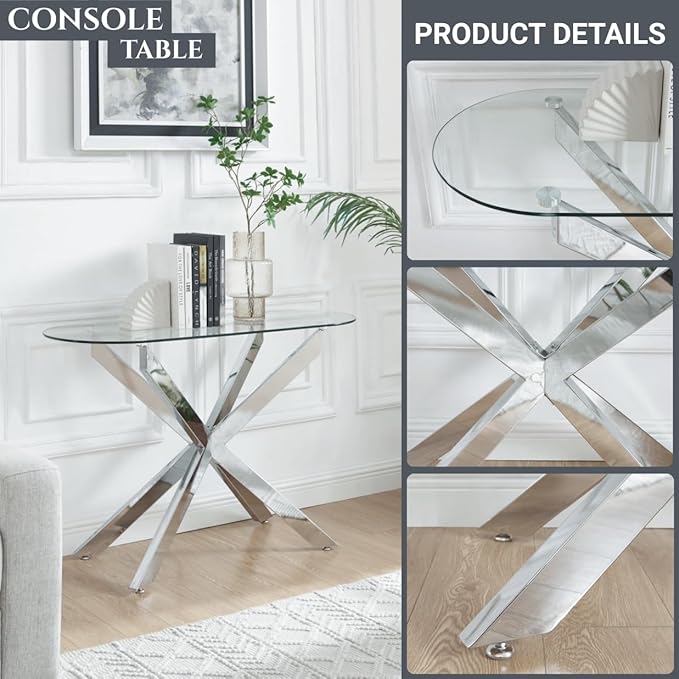 Modern Glass Oval Console Table, Entryway Hallway Narrow Sofa Table, Entrance for Entryway, Living Room, Foyer, Hallway, Office, 45" Lx18 Wx30 H Silver