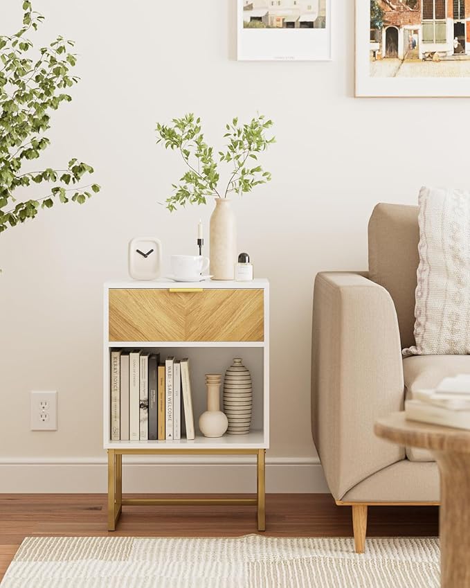 Nightstand, Boho Night Stand Wood Farmhouse Bedside Table with Storage, End Side Table for Bedroom,Living Room,White