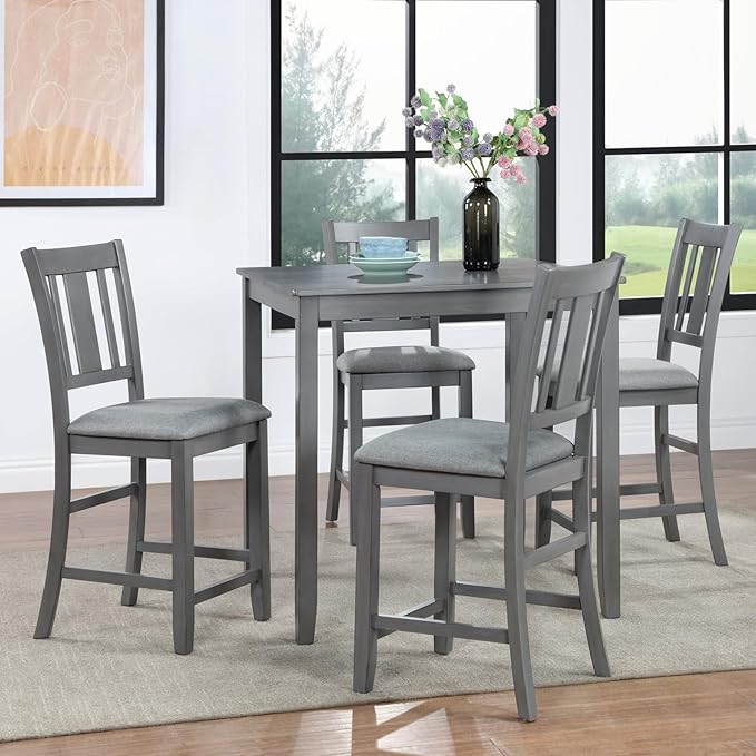 KEIKI 5-Piece Counter Height Dining Table Set with Square Table and 4 Upholstered Slatted Backrset Chair, for 4 Person, Modern Style Wooden Table Set, Easy Assembly, for Kitchen, Dining Room, Gray