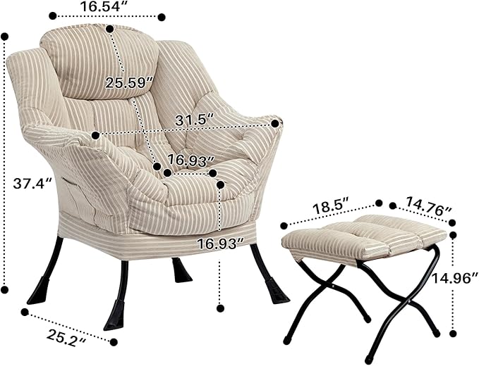 HollyHOME Fabric Lazy Chair with Foldable Ottoman, Accent Comfy Lounge Arm Chair and Folding Footrest Stool Set, Leisure Sofa Reading Chair and Footstool for Living Room, Bedroom, Dorm, Beige Stripe