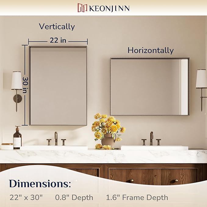 Keonjinn 22 x 30 in Brushed Bronze Framed Mirror for Bathroom, Bronze Vanity Mirrors for Over Sink, Square Corner, Modern Farmhouse Style, Aluminum Alloy Frame(Horizontal/Vertical)