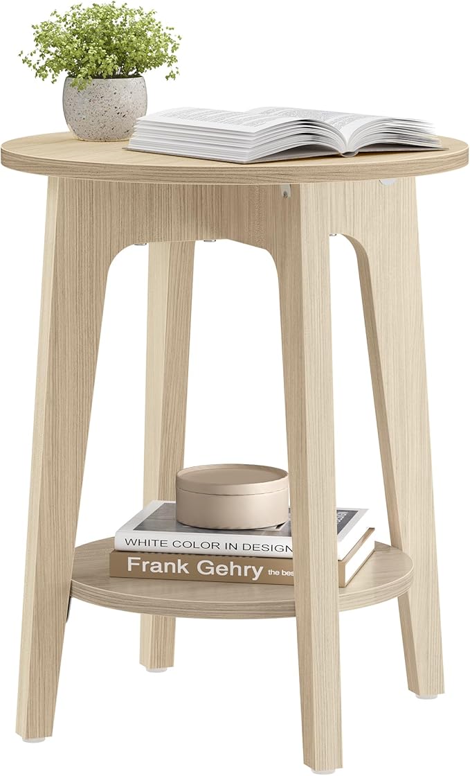 VASAGLE MAEZO Collection - Side Table, 2-Tier Small Round End Table, Nightstand with Tapered Legs, Curved Transitions, for Small Spaces, Living Room, Bedroom, Natural Beige ULET283N01