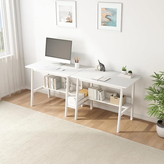 2-Person Writing Desk with Bookshelf - 79" Wooden Extra Long Home Office Work Table, Double Study Computer Workstation with Storage Shelves in White, 79" W x 24" D