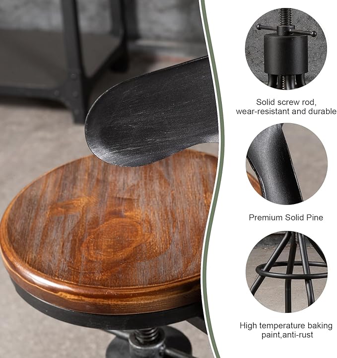 LOKKHAN Set of 2 Rustic Industrial Bar Stool-24-30 Tall Adjustable Metal Swivel Wooden Top Barstools-Counter Height Bar Height-Vintage Farmhouse Kitchen Breakfast Cafe Stool-with Backrest