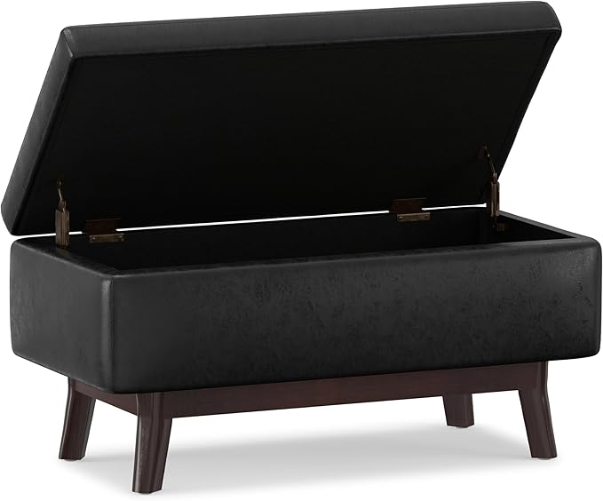 SIMPLIHOME Owen 36 inch Wide Mid Century Modern Small Rectangular Storage Ottoman in Distressed Black Vegan Faux Leather, Assembled, For the Living Room, Entryway and Family Room