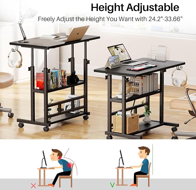 Adjustable Height Standing Desk, Rolling Stand Up Desk with Storage Shelves, 31.5" Small Mobile Computer Desk, Portable Laptop Table (Simple Black)