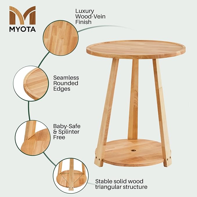 Round Solid Wood Side Table - Small Round Wooden End Table, Modern Living Room Side Beside Tables with Shelf for Couch Sofa Armchair Office Bedroom, Natural, 19.6 in x 19.6 in x 23.6 in