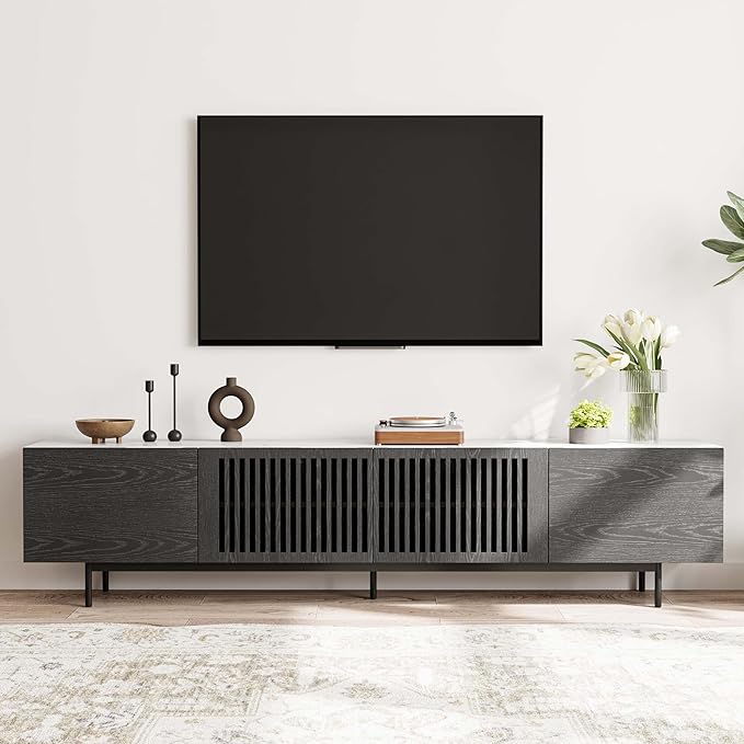 POVISON Mid Century Modern Sintered Stone TV Stand, Slatted Media Console TV Cabinet with Tall-cast Metal Legs, Fluted Entertainment Center with Storage, Fully-Assembled (Black, 94.49")