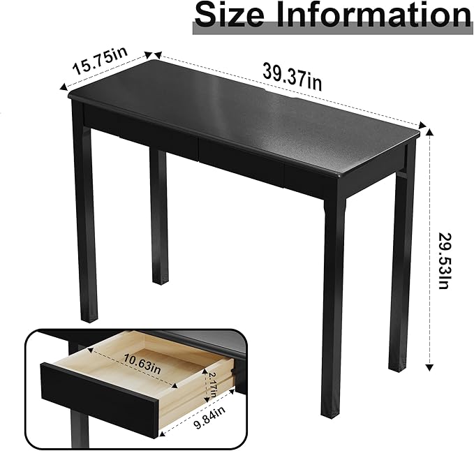 Solid Wood Desk with Drawers - 39 x 16 Inch Modern Narrow Desks, Rubber Wood Study Table, Small Writing Desk for Small Spaces|Bedroom - Black Desks