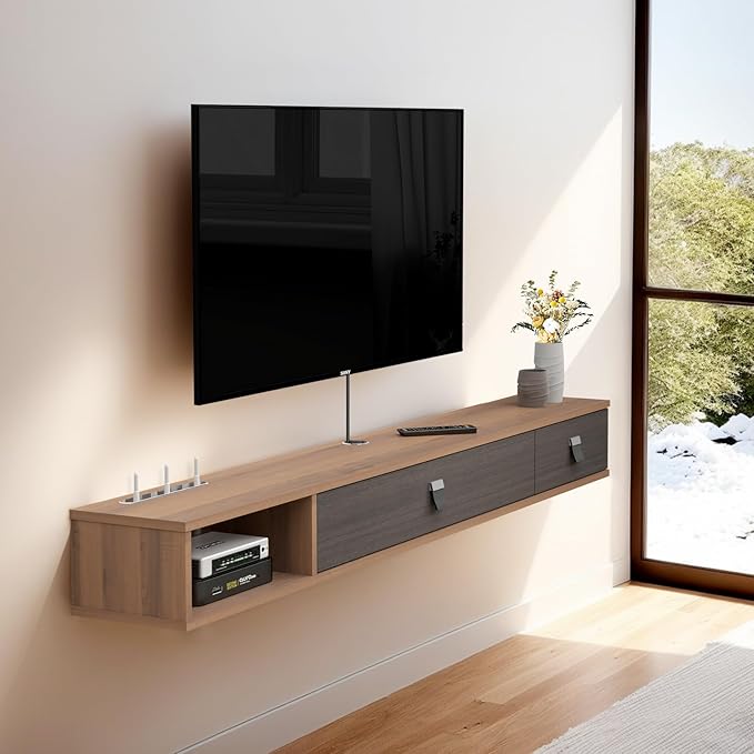Pmnianhua Floating TV Shelf,55'' Wall Mounted Floating TV Stand Unit Media Console Wall TV Console Cabinet Media Entertainment Shelf with 2 Doors TVs up to 60 inch Flat Screen (Walnut)