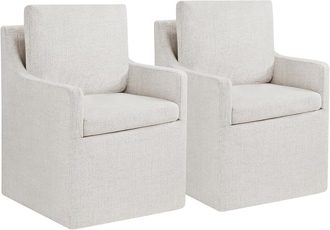 Upholstered Dining Chairs with Casters Easy Assembly Side Deskchair with Rollers for Diningroom, Living Room, Linen, 2 Box