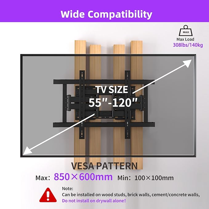 Full Motion TV Wall Mount for 55-120 Inch TVs,308Lbs Heavy Duty,Ultra-Slim 8 Articulating Arms,Tilt, Swivel & Extension,Preassembled,Avoid sockets,Max VESA 850x600,Fits 16-24" Studs,XL-DY867