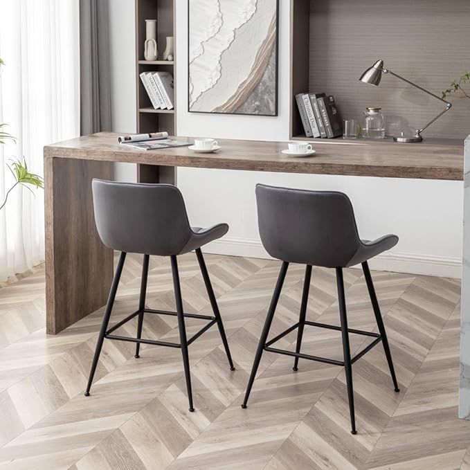 Counter Height Bar Stools, Modern Velvet Barstools Set of 2 with Black Legs and Fabric Seat and Back for Kitchen Island, Grey.