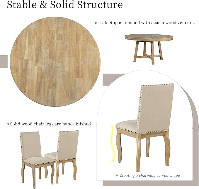 Merax 5-Piece Farmhouse Dining Furniture Set, Wooden Round Extendable Table, and 4 Upholstered Chairs, Natural Wood Wash