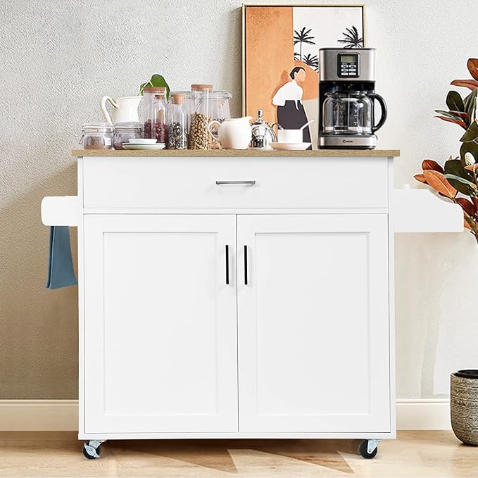 COSTWAY Kitchen Island On Wheels, Rolling Storage Trolley Cart with Large Cabinet, Drawer, Spice Rack and Towel Rack, Kitchen Serving Utility, 3-Position Adjustable Shelf (White)