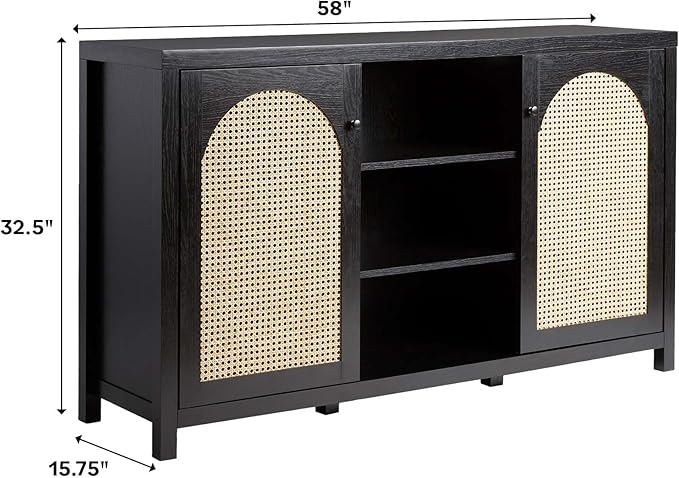 Walker Edison Sasha 2-Door Sideboard Buffet with Arched Rattan Panels, 58 Inch, Black