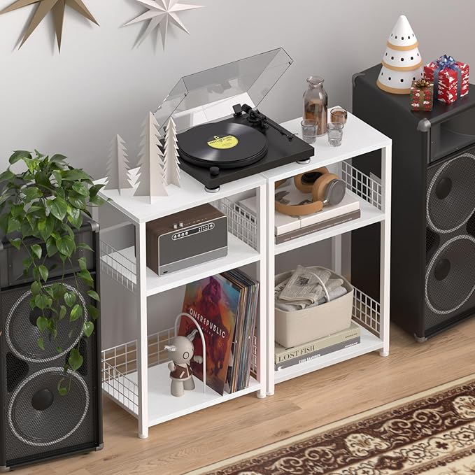 LELELINKY White Side Table with Storage, Small End Table Printer Stand for Small Spaces, Record Player Stand with Vinyl Storage, Sofa Night Stands for Living Room Bedroom