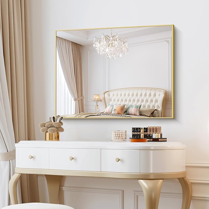 KOCUUY 30x40 Inch Large Gold Wall Mounted Mirror,Aluminum Framed Decorative Rectangular Bathroom Mirror for Wall Over Sink,Vanity Mirror for Bedroom Living Room Bathroom,Functional Oversized Mirror