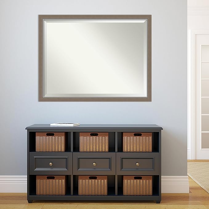 Amanti Art Brown Wall Mirror 33x43 Eva Brown Narrow Rectangle Bathroom Mirror for Wall Decor Living Room, X-Large Country Rustic Frame, Hangs Horizonally and Vertically, Bathroom Decor, Beveled Edge