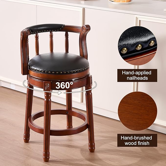 Cow top Leather Wooden Bar Stools, 360 Degree Swivel Bar Height Chair with Backs for Home Kitchen Counter, Morden Chair Barstools (Black-2pc, Bar Height-Seat Height 29.5”)