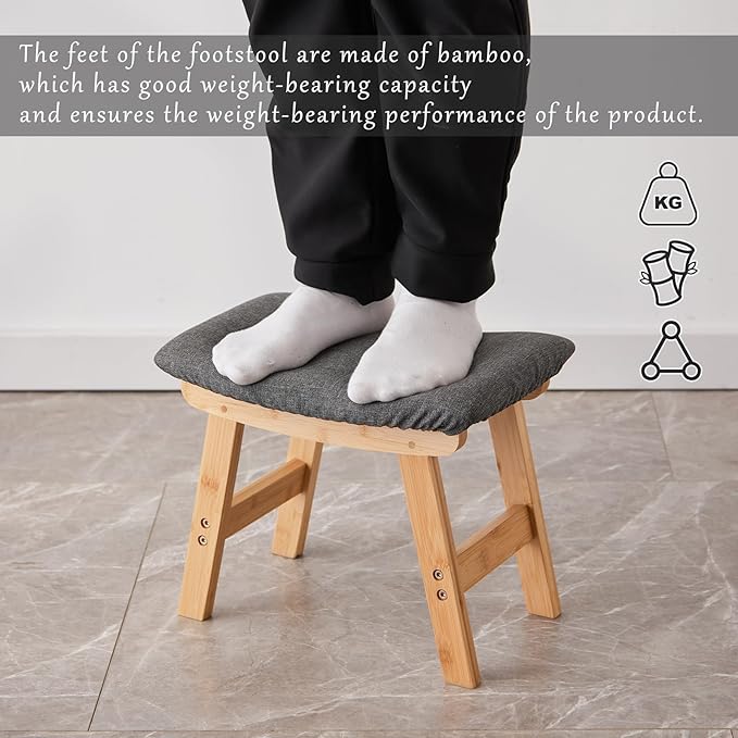 Foot Stool,Ottoman,Bamboo Small Sofa Foot Rest Under Desk,Extra Seating for Living Room, Bedroom and Kitchen (Natural Stool Legs - Gray Surface)