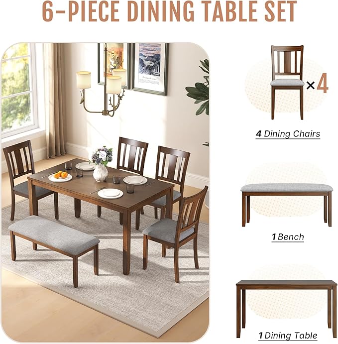 6-Piece Wooden Dining Set, Dining Table & Chair Set for 6, Includes Dining Table, 4 Upholstered Chairs & 1 Bench, Dining Table with Wood Legs, Table Set for Dining Room, Kitchen, Walnut