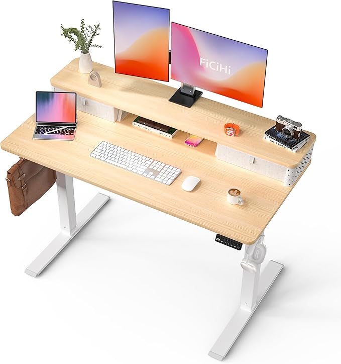 48x24 Inch Standing Desk with Double Drawers, C-Clamp Mount Compatible, Electric Adjustable Height Computer Stand Up Desks, Home Office Sit Stand Table with 3 Preset Heights & 2 Hooks, Natural