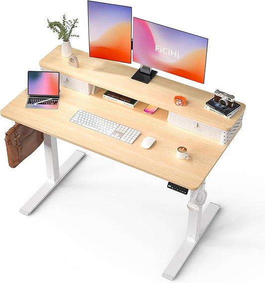 48x24 Inch Standing Desk with Double Drawers, C-Clamp Mount Compatible, Electric Adjustable Height Computer Stand Up Desks, Home Office Sit Stand Table with 3 Preset Heights & 2 Hooks, Natural
