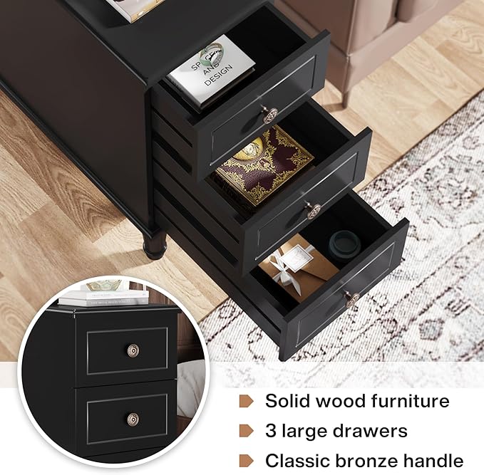 Tribesigns Solid Wood End Table Set of 2, Fully Assembled Narrow Side Table with Drawers, Pre-Assembled Nightstand Slim Bedside Table for Small Spaces, Living Room, Bedroom, Black
