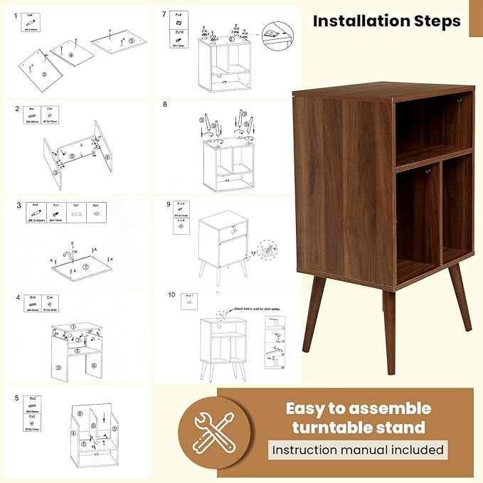 Record Player Table – 20 x 15.75 x 32 Inches- Vintage Decor Side Table with Wood Legs, Record Holder Stand - Walnut Finish Retro Furniture Storage Cabinet for Living Room, Bedroom, Kitchen