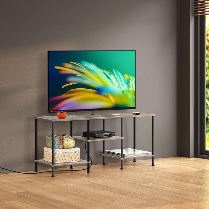 BTY Farmhouse TV Stand with Storage Industrial TV Console with Power Outlet, 45 Inch Wooden TV Entertainment Cente for Living Room, Bedroom, Small Space, Grey