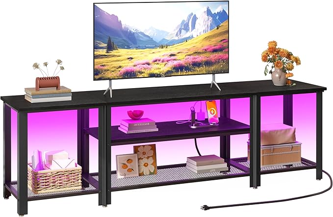 WelFurGeer Industrial Metal TV Stands with RGB LED Lights & Built-in Power Outlets - Modern TV Entertainment Center for Living Room, Open Grid Design TV Console with Storage (Black)