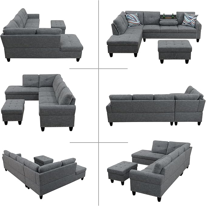 L Shaped Modular Sectional Sofa with Reversible Chaise Lounge, 5-Seater Corner Couch, Linen Upholstery Convertible Sofá w/Movable Ottoman, Cup Holders, 2 Pillows and Rivet Ornament for Living Room