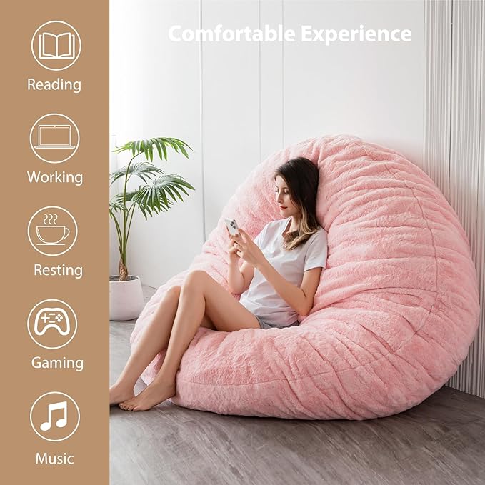 BYBYME 3 in 1 Bean Bag Chair, Convertible Chair Folds from Bean Bag to Lounger, High-Density Foam Filling, Faux Fur Big Sofa Bed, Giant Bean Bag Chair Bed for Adults