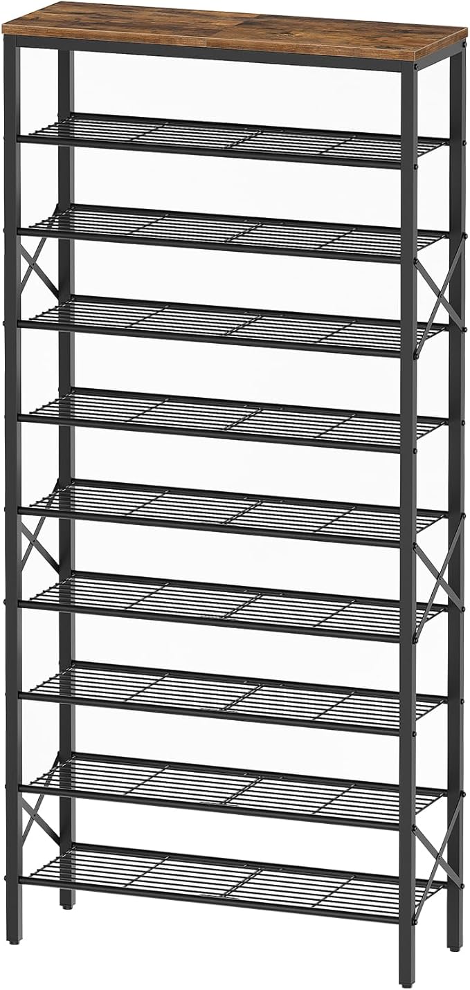 10 Tier Shoe Rack, Large Capacity Shoe Storage Organizer Holds 40 Pairs, Durable and Stable, for Entryway, Hallway, Closet, Dorm Room, Rustic Brown SS10BR