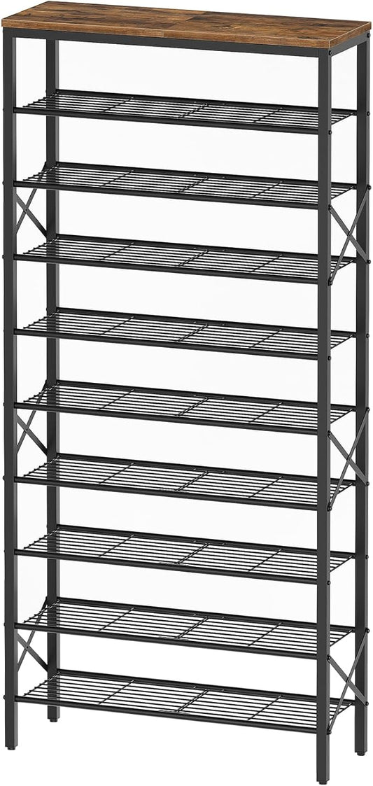 10 Tier Shoe Rack, Large Capacity Shoe Storage Organizer Holds 40 Pairs, Durable and Stable, for Entryway, Hallway, Closet, Dorm Room, Rustic Brown SS10BR