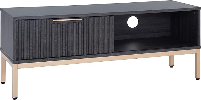 SAFAVIEH Lylia TV Stand for up to 55" Flatscreen – Distressed Black with Gold Legs & Handle, 1 Sliding Door, 1 Open Shelf, Entertainment Media Console (MED9617E)